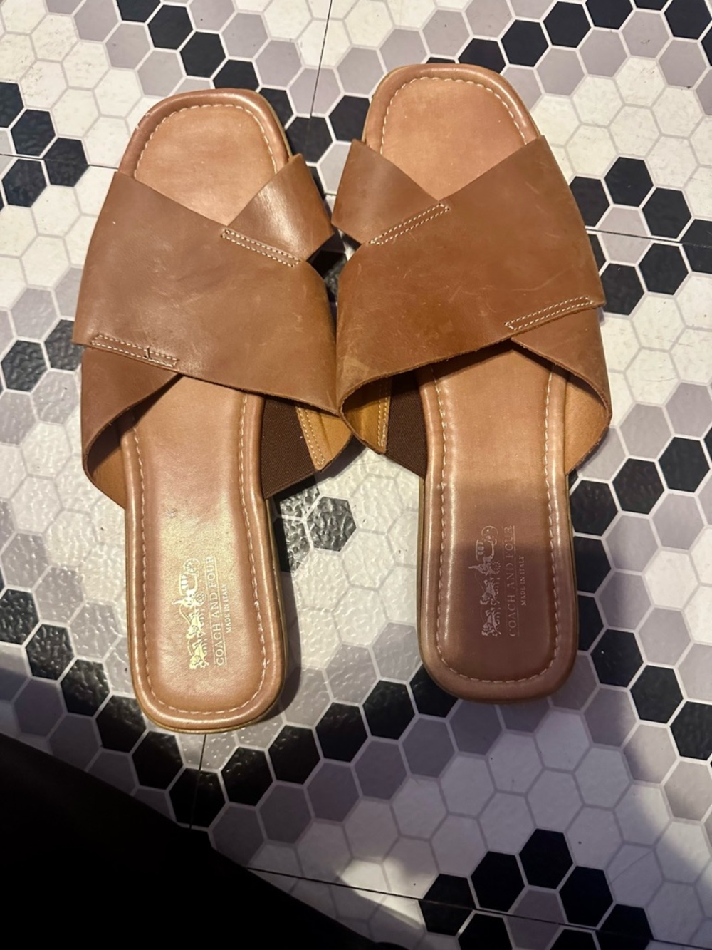 Coach and Four Brown Leather Crossover Slide Sandals